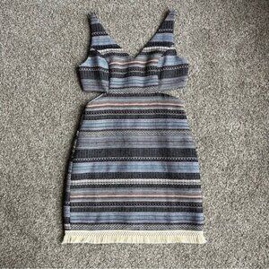 Venus Multi Color Tweed Cut Out Mini Dress With Fringe Hem, Size 6